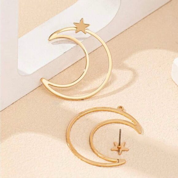 Minimalist Star & Moon Earring Elegant, Simple, Gold Tone, Unique Design - Picture 2 of 4